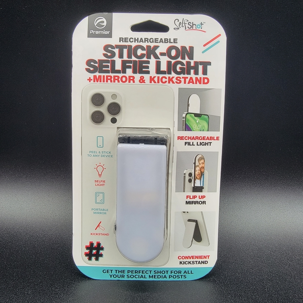 Stick On Selfie Light with Mirror & Kickstand Rechargeable 3 Led Light Modes New